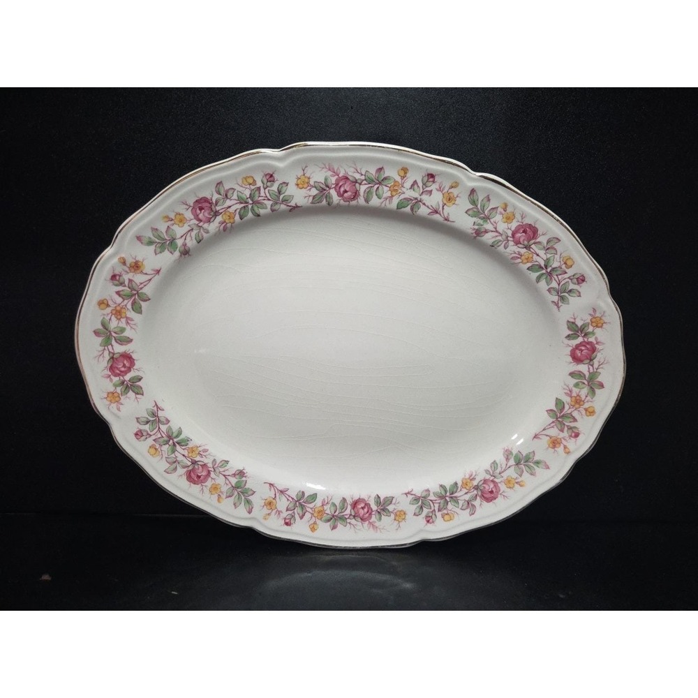 Edwin Knowles China Pink &‎ Yellow Floral Rim Oval Serving Platter, Vintage Tray